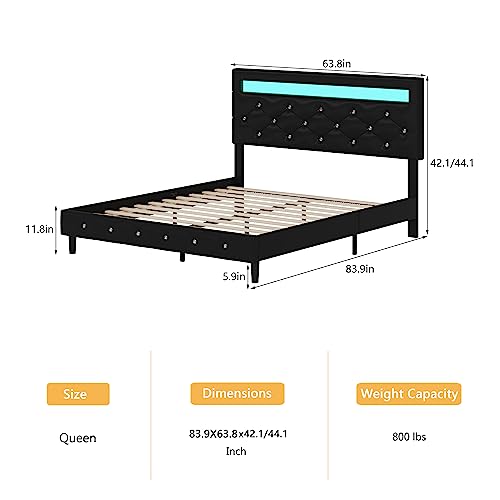 TTVIEW Queen Bed Frame with LED Lights, Leather Platform Bed Frame with Adjustable Upholstered Headboard, APP Control LED Lights, No Box Spring Needed, Black