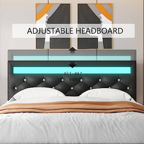 TTVIEW Queen Bed Frame with LED Lights, Leather Platform Bed Frame with Adjustable Upholstered Headboard, APP Control LED Lights, No Box Spring Needed, Black