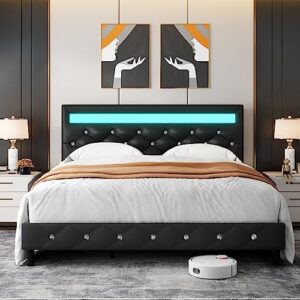 TTVIEW Queen Bed Frame with LED Lights, Leather Platform Bed Frame with Adjustable Upholstered Headboard, APP Control LED Lights, No Box Spring Needed, Black