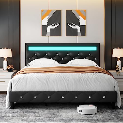 TTVIEW Queen Bed Frame with LED Lights, Leather Platform Bed Frame with Adjustable Upholstered Headboard, APP Control LED Lights, No Box Spring Needed, Black