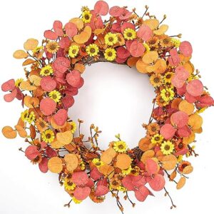 diyfloru fall wreaths for front door 22 inch autumn door wreath fall eucalyptus wreath with daisy for thanksgiving harvest festival indoors outside