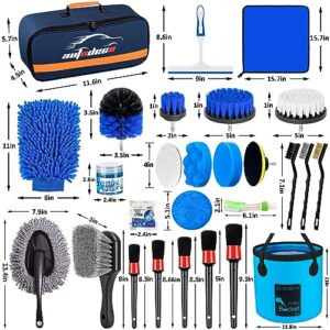 AUTODECO 32Pcs Car Detailing Brush Set, Car Detailing Kit, Auto Detailing Drill Brush Set, Car Detailing Brushes, Car Wash Cleaning Tools Kit with Wash Mop for Interior, Exterior, Wheels, Blue