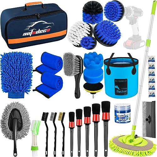 AUTODECO 32Pcs Car Detailing Brush Set, Car Detailing Kit, Auto Detailing Drill Brush Set, Car Detailing Brushes, Car Wash Cleaning Tools Kit with Wash Mop for Interior, Exterior, Wheels, Blue