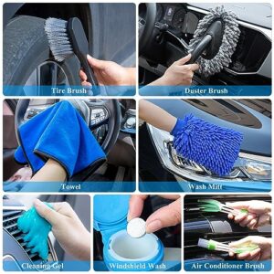 AUTODECO 32Pcs Car Detailing Brush Set, Car Detailing Kit, Auto Detailing Drill Brush Set, Car Detailing Brushes, Car Wash Cleaning Tools Kit with Wash Mop for Interior, Exterior, Wheels, Blue