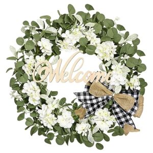 waipfaru eucalyptus wreaths for front door, 20'' green outdoor christmas wreath with welcome sign and white hydrangea for fall thanksgiving decorations home wall front porch window patio garden decor