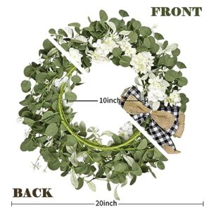 Waipfaru Eucalyptus Wreaths for Front Door, 20'' Green Outdoor Christmas Wreath with Welcome Sign and White Hydrangea for Fall Thanksgiving Decorations Home Wall Front Porch Window Patio Garden Decor