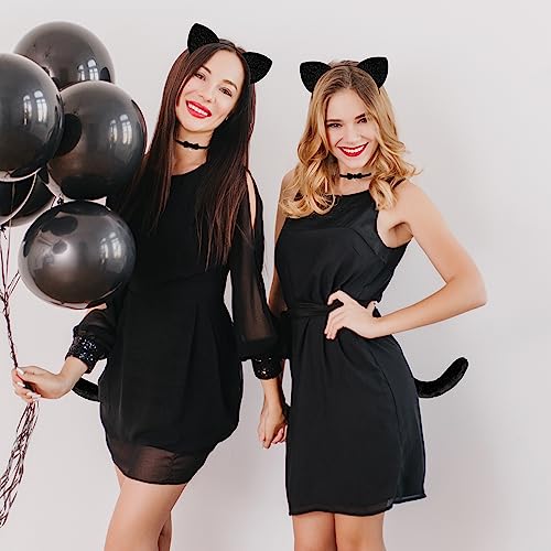 MUKOSEL Cat Ears Headband and Tail Bell Collar Set, Cat Costumes for Women Girls Black Cat Ears and Tail Set, Cat Costume Accessories Halloween Party Cosplay Costumes Set for Adults Women Girls