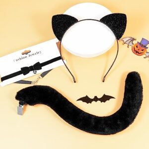 MUKOSEL Cat Ears Headband and Tail Bell Collar Set, Cat Costumes for Women Girls Black Cat Ears and Tail Set, Cat Costume Accessories Halloween Party Cosplay Costumes Set for Adults Women Girls