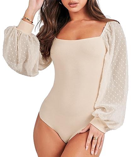 ANRABESS Rompers for Women Sheer Swiss Dot Puff Sleeve Square Neck Bodysuit Fall Casual Long Sleeve Dressy Leotard Top 1071xingse-L
