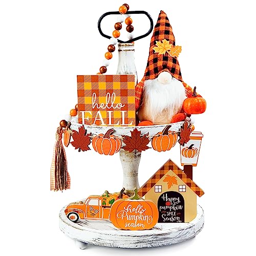 12 PCS Fall Tiered Tray Decor, Gnomes Plush with Hello Fall Decor Wooden Signs,Beads Garland,Pumpkin Decor,Farmhouse Thanksgiving Autumn Decor for Home Table(Tray Not Included)