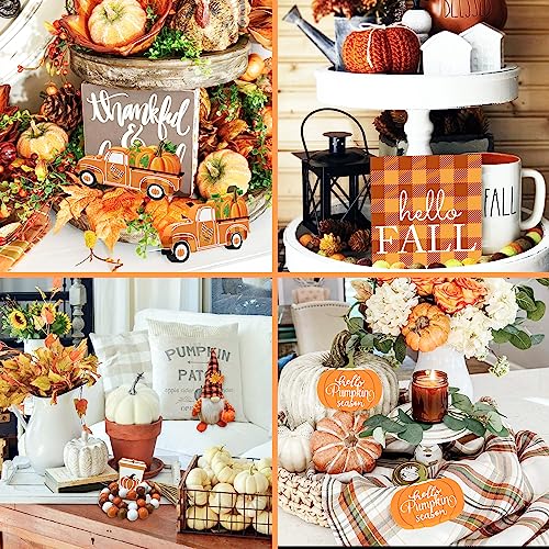 12 PCS Fall Tiered Tray Decor, Gnomes Plush with Hello Fall Decor Wooden Signs,Beads Garland,Pumpkin Decor,Farmhouse Thanksgiving Autumn Decor for Home Table(Tray Not Included)