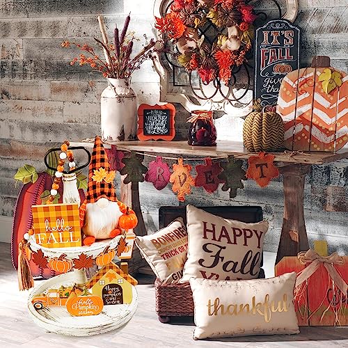 12 PCS Fall Tiered Tray Decor, Gnomes Plush with Hello Fall Decor Wooden Signs,Beads Garland,Pumpkin Decor,Farmhouse Thanksgiving Autumn Decor for Home Table(Tray Not Included)