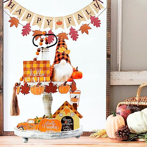 12 PCS Fall Tiered Tray Decor, Gnomes Plush with Hello Fall Decor Wooden Signs,Beads Garland,Pumpkin Decor,Farmhouse Thanksgiving Autumn Decor for Home Table(Tray Not Included)