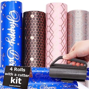 thmort wrapping paper roll with a cutter kit for birthday boys&girls,adults,kids.17 inch x 120 inch embossed foil wrapping paper for gift wrapping royal sapphire blue pink black.