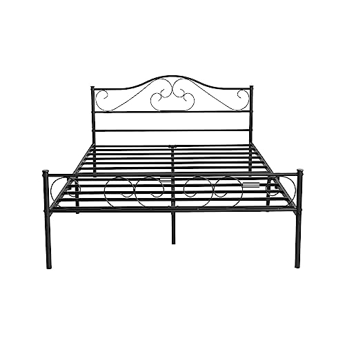 Heavy Duty Metal Platform Bed Frame Queen Size Black Bed Frame with Headboard and Steel Slats Mattress Foundation No Box Spring Needed