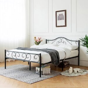 Heavy Duty Metal Platform Bed Frame Queen Size Black Bed Frame with Headboard and Steel Slats Mattress Foundation No Box Spring Needed