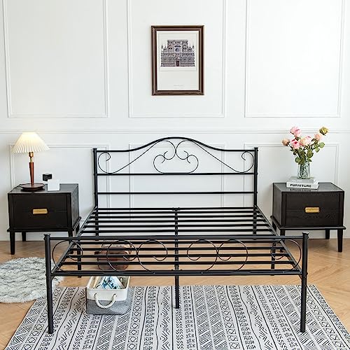 Heavy Duty Metal Platform Bed Frame Queen Size Black Bed Frame with Headboard and Steel Slats Mattress Foundation No Box Spring Needed