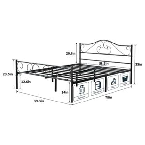 Heavy Duty Metal Platform Bed Frame Queen Size Black Bed Frame with Headboard and Steel Slats Mattress Foundation No Box Spring Needed