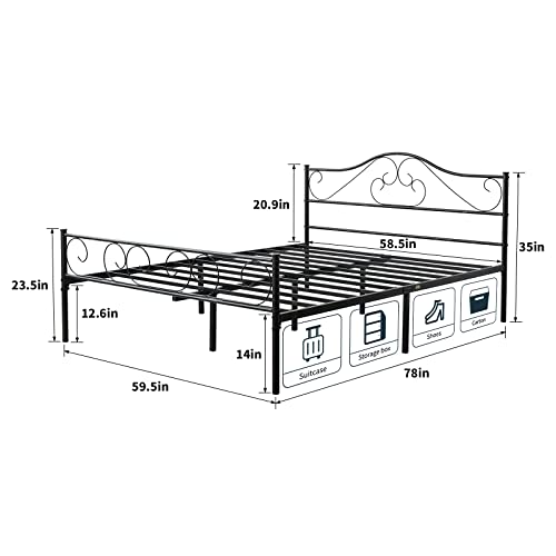 Heavy Duty Metal Platform Bed Frame Queen Size Black Bed Frame with Headboard and Steel Slats Mattress Foundation No Box Spring Needed