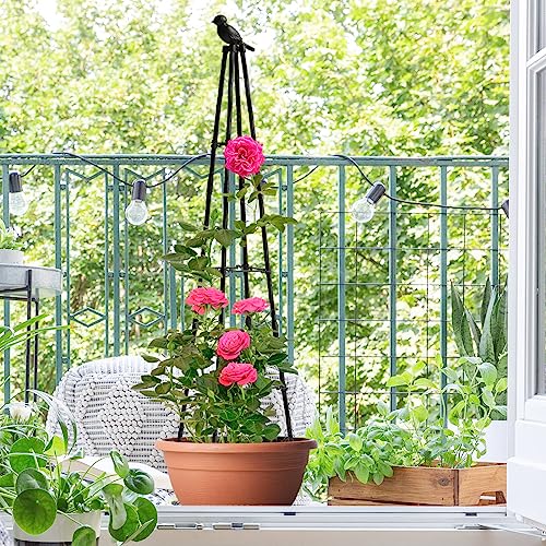 OTOSUNNY Trellis for Climbing Plants, 4 ft Tall 4-Stake with 3-Tier Braces Plant Pot Trellis, Metal Rose Garden Trellis for Climbing Plants Outdoor Vegetable|Flower|Vine Potted Plants, 1 Pack, Black