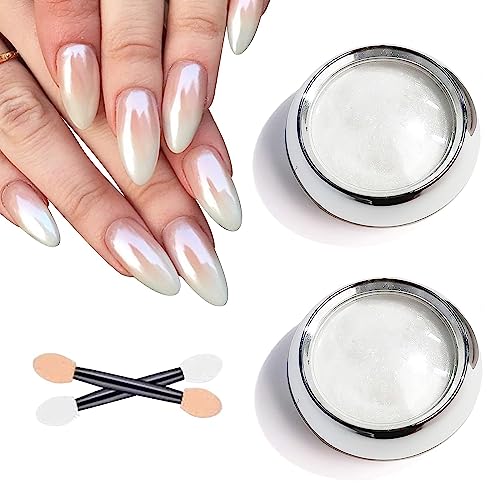 BISHENGYF White Pearl Chrome Nail Powder - 2Pcs Shiny Mirror Effect Aurora Nail Jewelry Glitter Powder White Chrome Nail Powder for Nails Art DIY