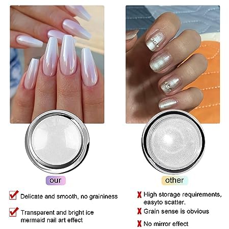 BISHENGYF White Pearl Chrome Nail Powder - 2Pcs Shiny Mirror Effect Aurora Nail Jewelry Glitter Powder White Chrome Nail Powder for Nails Art DIY