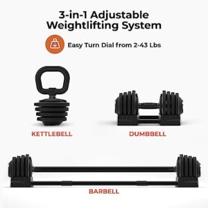 Lifepro 3-In-1 Weight Lifting System - 2 to 43 Lbs Kettlebell, Dumbbell, & Barbell Adjustable Weights Set for Home Gym - Versatile & Compact Weight Sets for Home Workout - Interchangeable Grip System