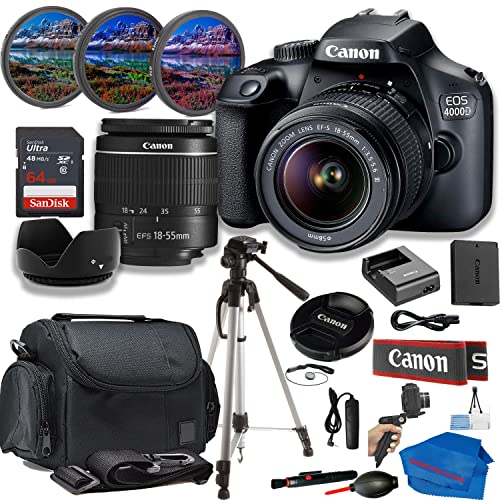 Canon EOS 4000D/Rebel T100 Bundle:Includes 18-55mm is II Lens,Tripod,64GB Memory Card,Carry Case, and 3-Piece Filter Kit for Stunning Photos and Videos