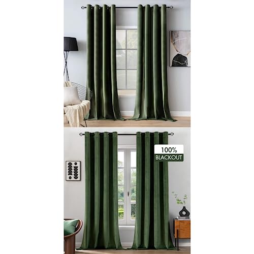 MIULEE Olive Green Velvet Curtains 96 inch Long and 100% Blackout Velvet Curtains