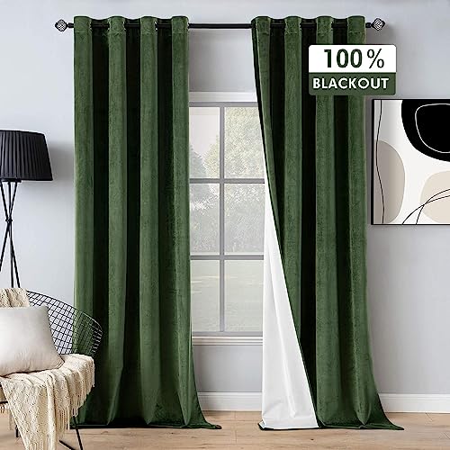 MIULEE Olive Green Velvet Curtains 96 inch Long and 100% Blackout Velvet Curtains