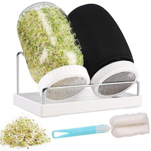 luckyiren complete sprouting kit - 2 large wide-mouth mason jars, 2 premium screen lids, 2 blackout sleeves, sprout stand and tray for indoor microgreens broccoli alfalfa radish salad mix sprouts