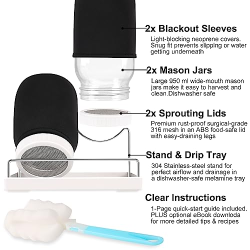 Luckyiren Complete Sprouting Kit - 2 Large Wide-Mouth Mason Jars, 2 Premium Screen Lids, 2 Blackout Sleeves, Sprout Stand and Tray for Indoor Microgreens Broccoli Alfalfa Radish Salad Mix Sprouts