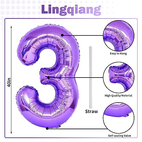Purple Number 30 Balloons, 40 Inch Purple Mylar Foil Number 3 & 0 Balloons for Women, Self Inflating 30th Birthday Balloons for 30 Year Old Anniversary Birthday Party Decorations Supplies