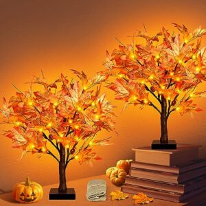 fastdeng 1.5ft lighted maple tree, artificial fall maple tree with 36 led lights, 72 leaves,6 acorns, autumn tabletop tree with burlap base for indoor fall harvest, thanksgiving decorations (2pack)