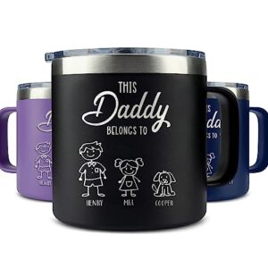 hyturtle personalized this daddy belongs to 14oz coffee cup gift for fathers day christmas, personalized choose kid coffee mug for father dad, custom name daughter son cup for daddy