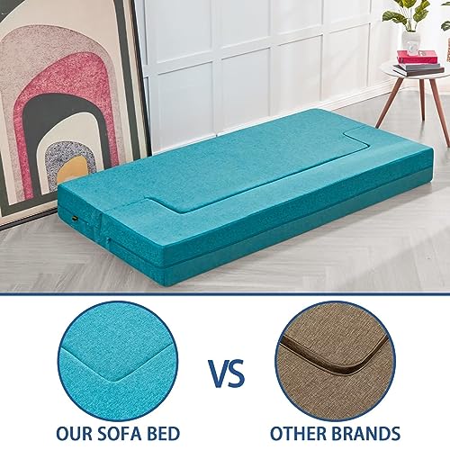 ILPEOD Floor Sofa Bed Futon Couch, Fold Out Couch Bed, Full Size 8 Inch Memory Foam Folding Sofa Bed Couch, Sleeper Convertible Mattress and Frame for Bedrooms Living Room Gaming Bed, Blue