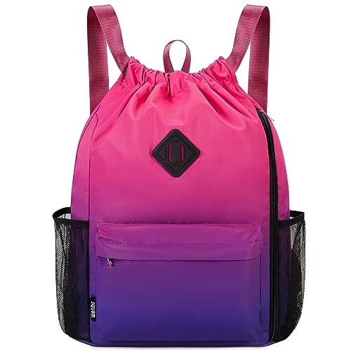 WANDF Drawstring Backpack Sports Gym Bag with Shoes Compartment, Water-Resistant String Backpack Cinch Bag for Women Men (Rose Gradient)