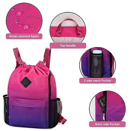 WANDF Drawstring Backpack Sports Gym Bag with Shoes Compartment, Water-Resistant String Backpack Cinch Bag for Women Men (Rose Gradient)