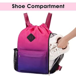 WANDF Drawstring Backpack Sports Gym Bag with Shoes Compartment, Water-Resistant String Backpack Cinch Bag for Women Men (Rose Gradient)