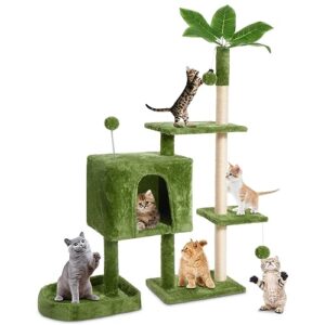 tscomon 52" cat tree cat tower for indoor cats with green leaves, multi-level cozy plush cat condo cat house cat scratching posts for indoor cats with hang ball, home plant style pet house, green