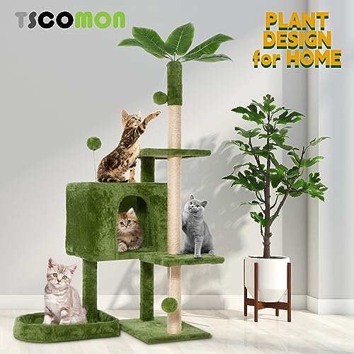 TSCOMON 52" Cat Tree Cat Tower for Indoor Cats with Green Leaves, Multi-Level Cozy Plush Cat Condo Cat House Cat Scratching Posts for Indoor Cats with Hang Ball, Home Plant Style Pet House, Green