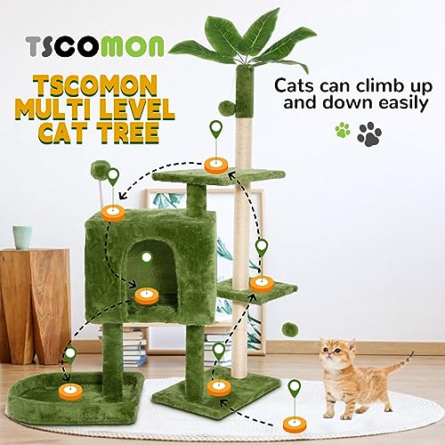 TSCOMON 52" Cat Tree Cat Tower for Indoor Cats with Green Leaves, Multi-Level Cozy Plush Cat Condo Cat House Cat Scratching Posts for Indoor Cats with Hang Ball, Home Plant Style Pet House, Green