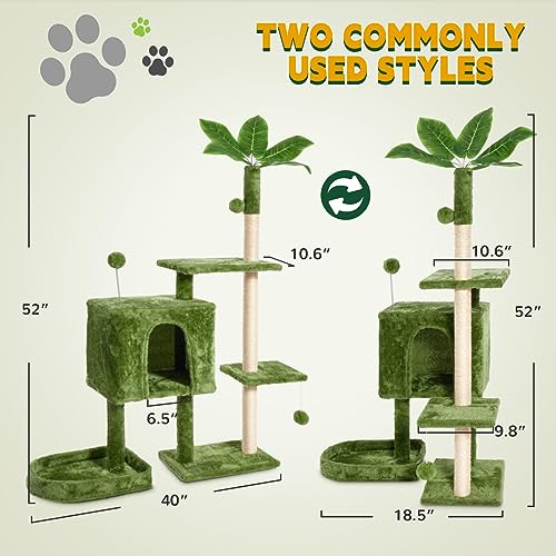 TSCOMON 52" Cat Tree Cat Tower for Indoor Cats with Green Leaves, Multi-Level Cozy Plush Cat Condo Cat House Cat Scratching Posts for Indoor Cats with Hang Ball, Home Plant Style Pet House, Green