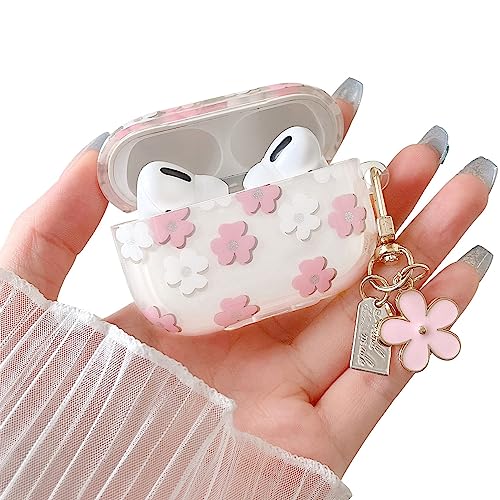 MINSCOSE Compatible with AirPods Pro Clear Case,Cute Cartoon Flower Pattern Design with Floral Keychain, Soft TPU Protective Shockproof Case for AirPod Pro for Girls Women-Pink