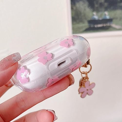 MINSCOSE Compatible with AirPods Pro Clear Case,Cute Cartoon Flower Pattern Design with Floral Keychain, Soft TPU Protective Shockproof Case for AirPod Pro for Girls Women-Pink