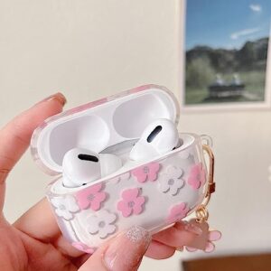 MINSCOSE Compatible with AirPods Pro Clear Case,Cute Cartoon Flower Pattern Design with Floral Keychain, Soft TPU Protective Shockproof Case for AirPod Pro for Girls Women-Pink