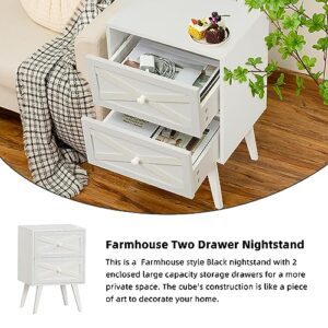 Lerliuo White Nightstand, Bed Side Table with 2 Drawers Barn Door, Solid Wooden Legs Night Stand, Mid Century Modern End Table Storage Wood Cabinet Dresser for Bedroom, Living Room, Dorm