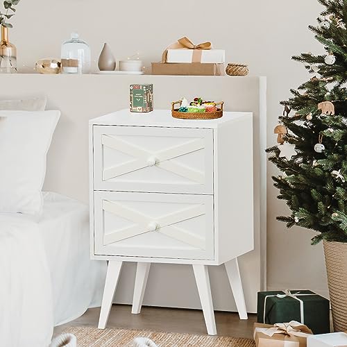 Lerliuo White Nightstand, Bed Side Table with 2 Drawers Barn Door, Solid Wooden Legs Night Stand, Mid Century Modern End Table Storage Wood Cabinet Dresser for Bedroom, Living Room, Dorm