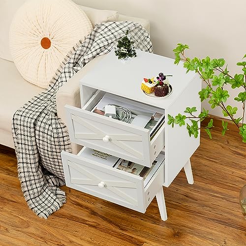 Lerliuo White Nightstand, Bed Side Table with 2 Drawers Barn Door, Solid Wooden Legs Night Stand, Mid Century Modern End Table Storage Wood Cabinet Dresser for Bedroom, Living Room, Dorm