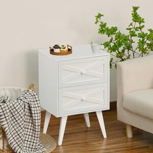 Lerliuo White Nightstand, Bed Side Table with 2 Drawers Barn Door, Solid Wooden Legs Night Stand, Mid Century Modern End Table Storage Wood Cabinet Dresser for Bedroom, Living Room, Dorm